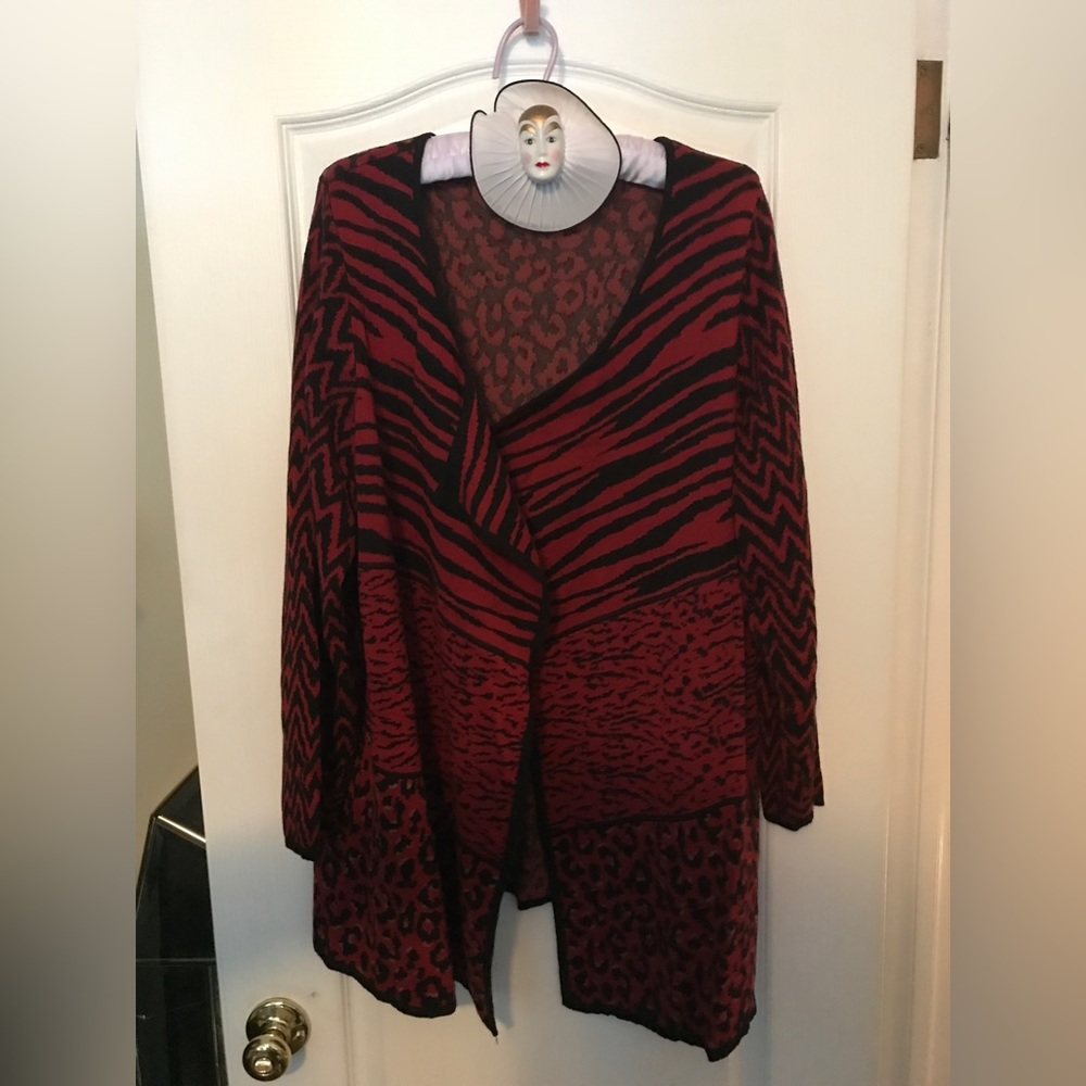 Women's Maroon Animal Print Cardigan by NY Collection Size 1X